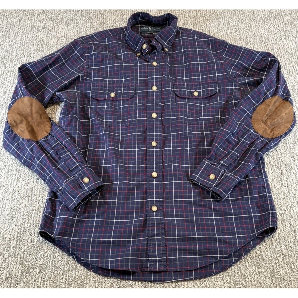 Vintage Ralph Lauren Shirt Mens Medium Plaid Button Up Elbow Pads 120s 2-Ply